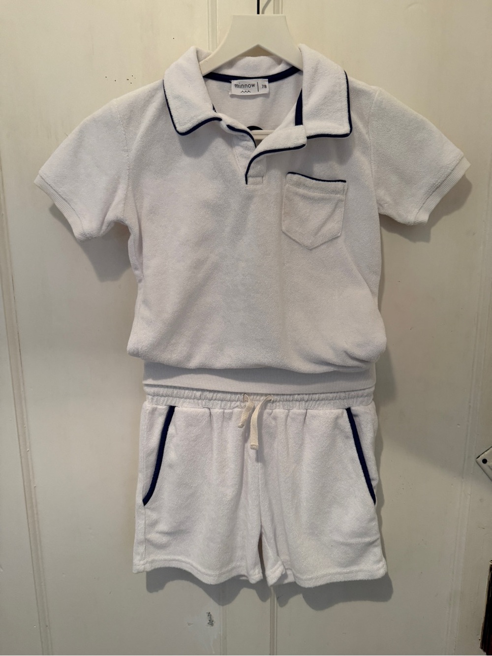 Minnow White French Terry Polo & Shorts Set | Navy Piping | 7/8